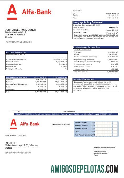Extrato de hipoteca do Alfa Bank da Rússia em formatos Word e PDF exemplo